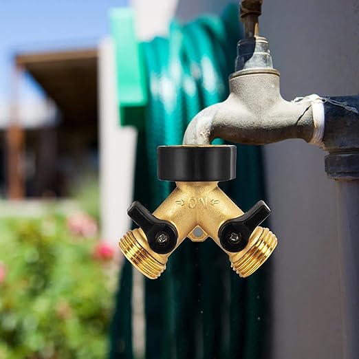 2 Pack Brass Garden Hose Splitter 2 Way, 3/4 Inch Hose Connector Tap Splitter, Hose Y Splitter, Hose Spigot Adapter 2 Valves with 4 Extra Rubber Washers