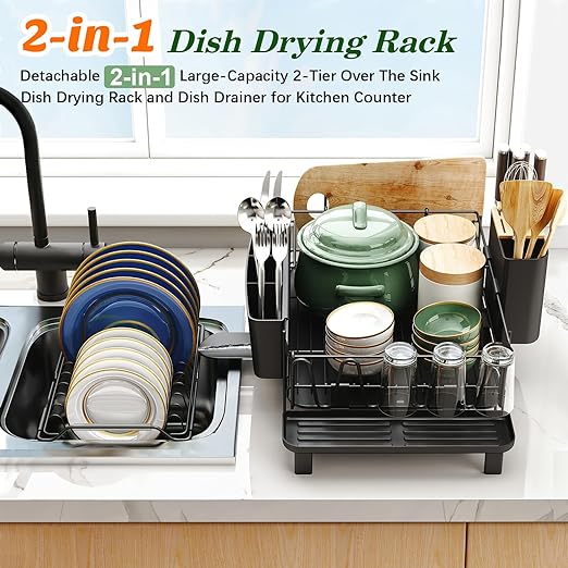 X-Large Dish Drying Rack with Drainboard Set, Stainless Steel Detachable - Capacity 2-Tier Over The Sink Anti-Rust Dish Drying Rack and Dish Drainer for Kitchen Counter