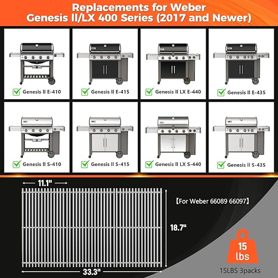 3-Pieces Grill Grates for Weber Genesis 2 E-410/E-415/E-435, Grill Parts for Weber GS4 Genesis II/LX E-440 Series Gas Grills, SUS304 Stainless Steel Replacements for Weber