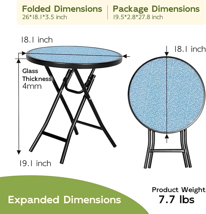 Bistro Table Folding Side Table with Tempered Glass Tabletop,Small End Table, Blue