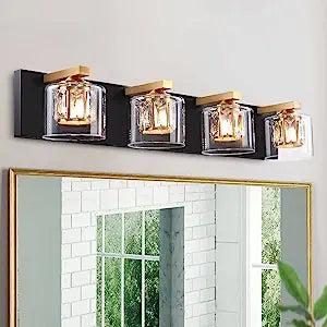 4-Light Black Bathroom Vanity Light, 30 Inch Modern Bathroom Light Fixture Over Mirror, Crystal Vanity Light with Clear Globe Glass Shade for for Bedroom Hallway