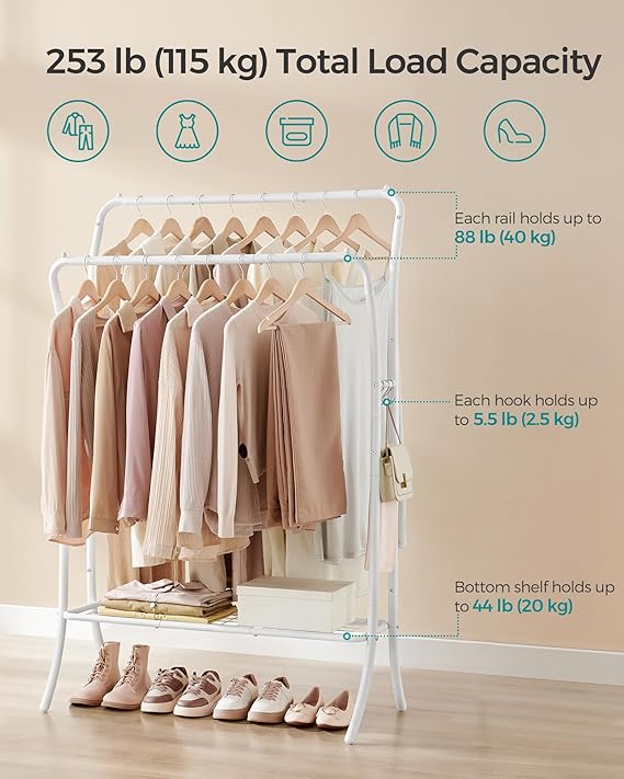 Clothing Rack with Shelves,Garment Racks Heavy Duty,Double Rod Clothes Rack with 6 Hooks, Clothes Storage and Display, Black