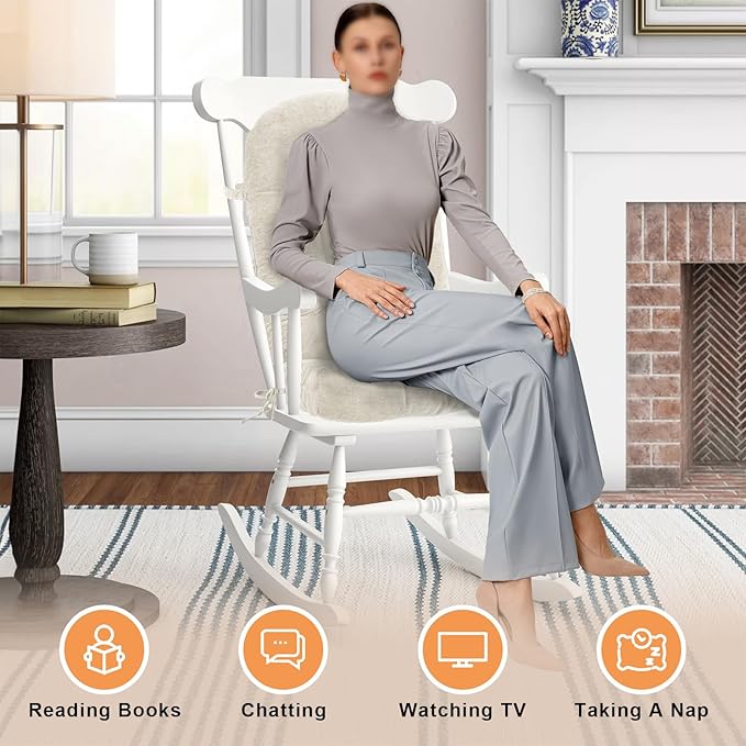 Rocking Chair Cushion - Chenille Fabric, High-Density Sponge, Chenille/Oyster White