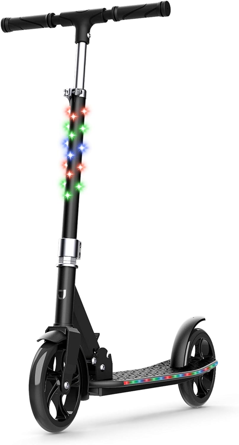 Jupiter Jumbo Teen 2-Wheel Kick Scooter, Includes LED Lights on Stem And Deck, 7 Preprogrammed Light Patterns, Sturdy Wide Deck, Rear Brake, Easy-Folding Mechanism, Ages 8+ Black