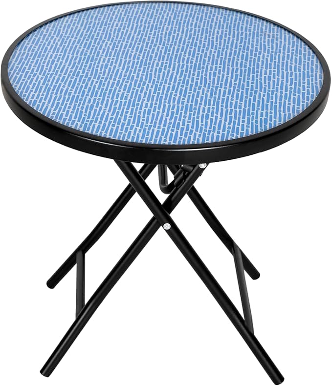 Bistro Table Folding Side Table with Tempered Glass Tabletop,Small End Table, Blue