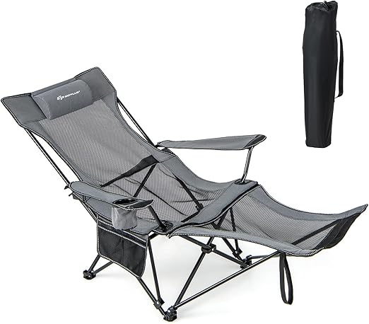 Reclining Camping Chair with Foot Rest, Folding Lounge Chair for Adults, w/Adjustable Backrest, Storage Bag & Cup Holder, Portable Recliner Beach Chair Outdoor Camp Picnics, 330 LBS (1, Grey)