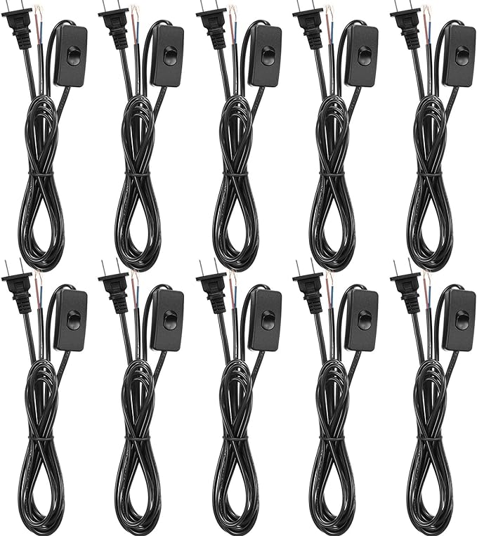 10 Packs Light Cord Set Lamp Cord Cable Cord with Molded Plug, Pure Copper Stripped Ends Ready for Wiring, Black