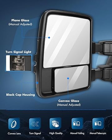 Towing Mirror, Left Driver Side Automotive Mirror with Manual Operation Turn Signal Convex Glass Manual Folding Telescoping for Ford