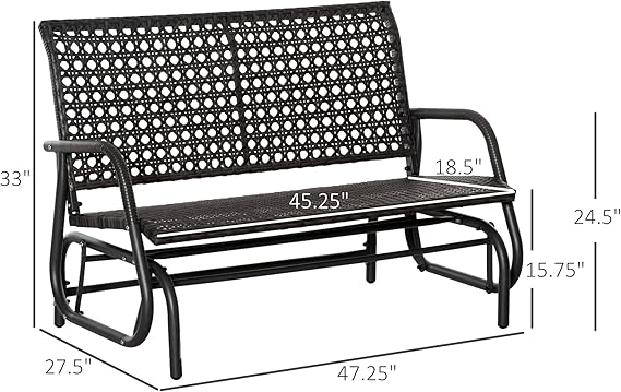 2-Person Outdoor Wicker Glider Bench, Patio Garden PE Rattan Swing Loveseat Chair with Extra Wide Seat and Curved Backrest, Dark Grey