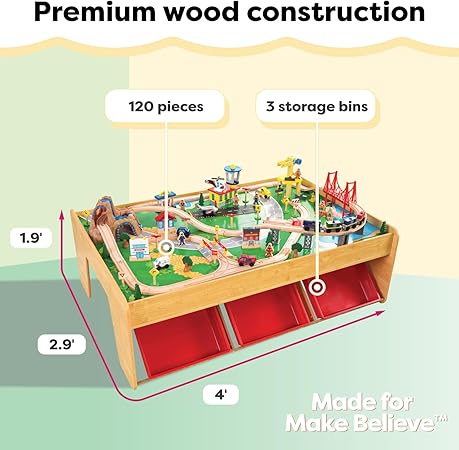 Waterfall Mountain Wooden Train Set & Table with 120 Pieces, 3 Storage Bins