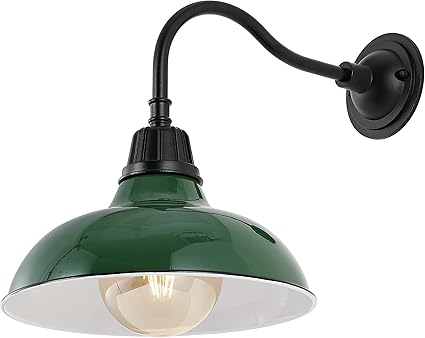 Aurora 1-Light Farmhouse Industrial Indoor/Outdoor Iron LED Gooseneck Arm Outdoor Sconce Metal Bowl Shade Vintage Cottage Rustic Porch Patio Yard Barn, Green