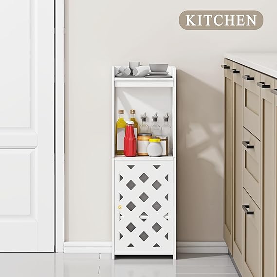 Bathroom Storage Cabinet, White Bathroom Floor Cabinet Freestanding Organizer with Door and Open Shelf for Kitchen Living Room Narrow Space