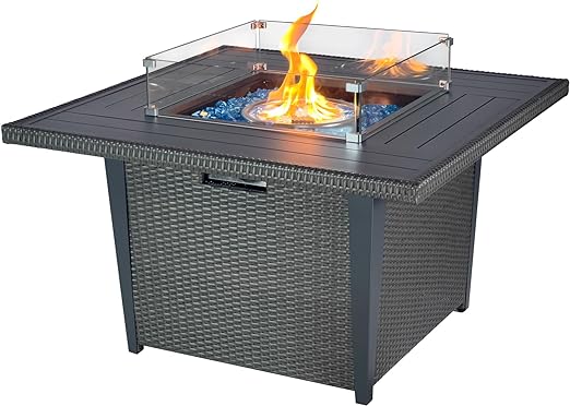 Ethan Multiple Gray Aluminum Frame Rattan Wicker Square Propane Gas Slate Gray Fire Pit Table