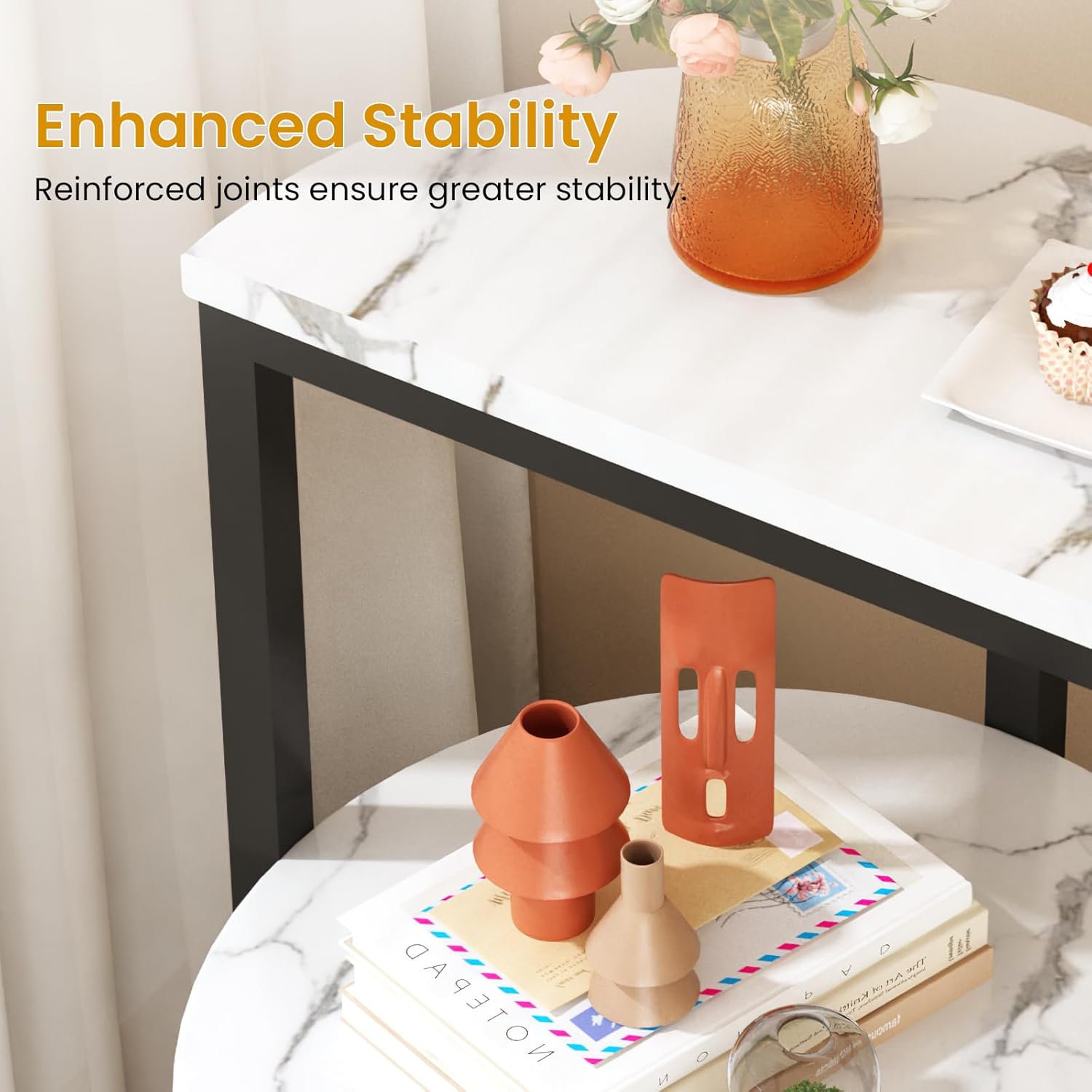 White and Black End Tables Set of 2, Round Marble Nightstand Set