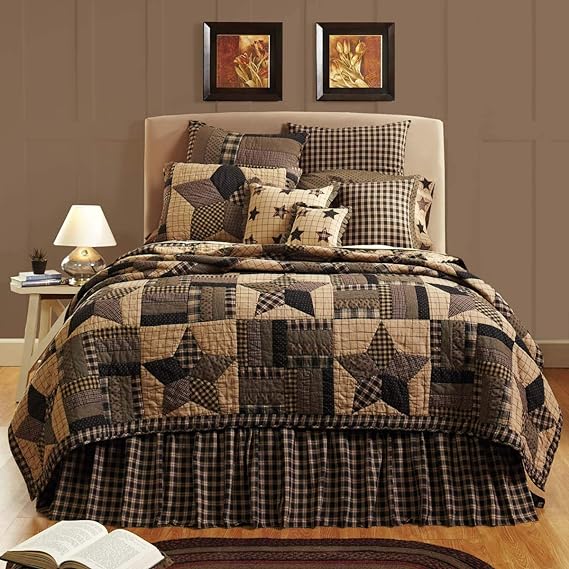 Bingham Star King Quilt Set Country Patchwork Design, Soft Black and Tan