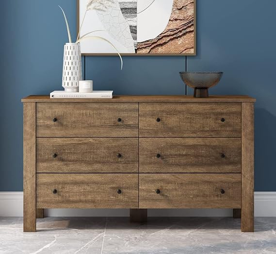 6 Drawer Dresser, Wood Chest of Drawers, Wide Storage Dresser with Sturdy Frame, Closet Organizer for Living Room Closets, Hallway, Rustic Brown
