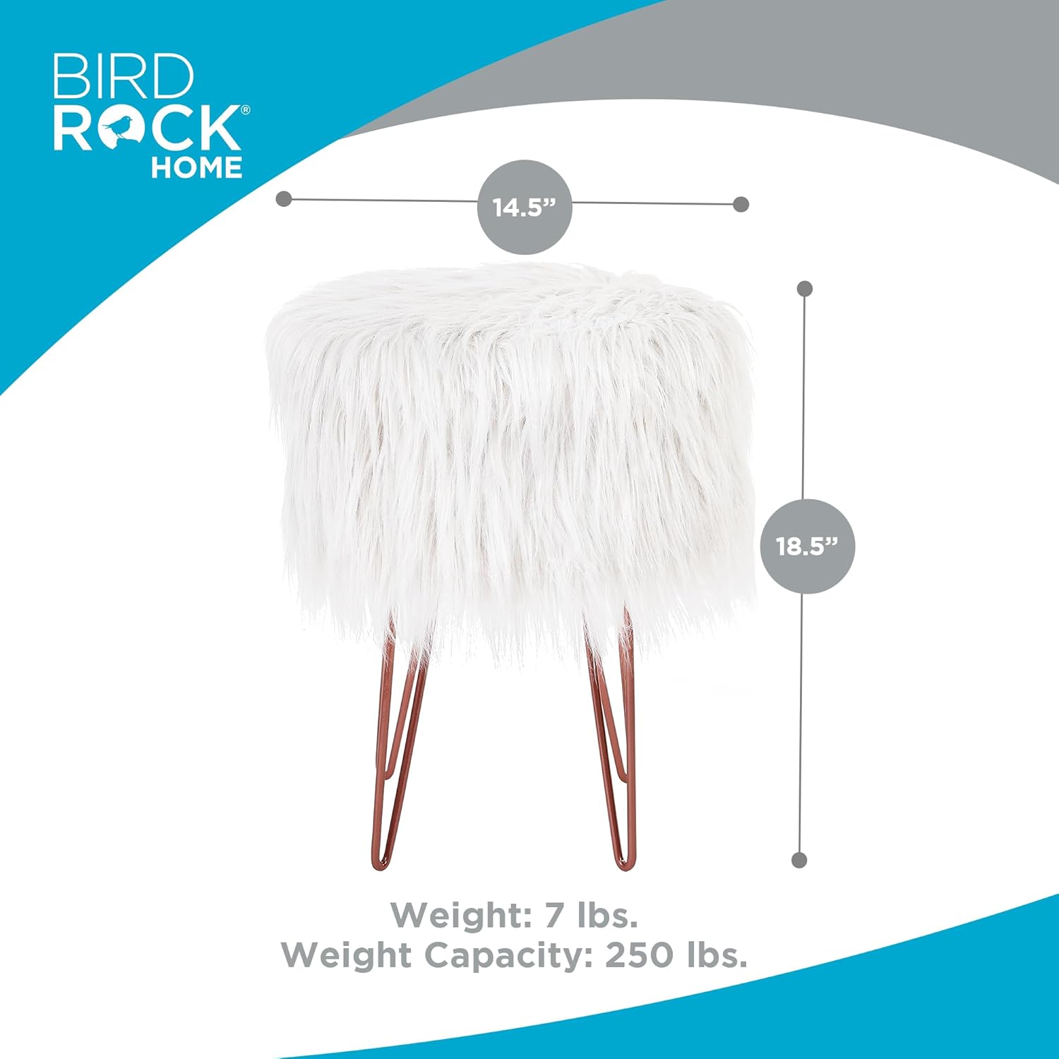 White Faux Fur Vanity Stool Chair - Soft Furry Compact Padded Seat - Vanity, Living Room, Bedroom and Kids Room Chairs - Hair Pin Metal Legs Upholstered Decorative Furniture Foot Rest