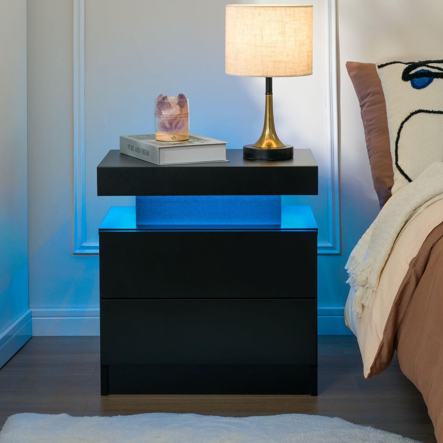 1-Piece LED Nightstand with 2 Drawers, Bedside Table with Drawers for Bedroom Furniture, Side Bed Table, Black