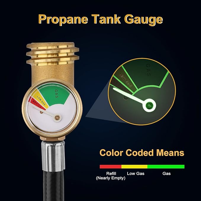 Propane Tank Extension Hose with Gauge, Propane Hose Extension, Propane Tank Adapter Hose for Gas Grill, Heater and Propane Appliances, Acme to Male QCC/POL Fittings