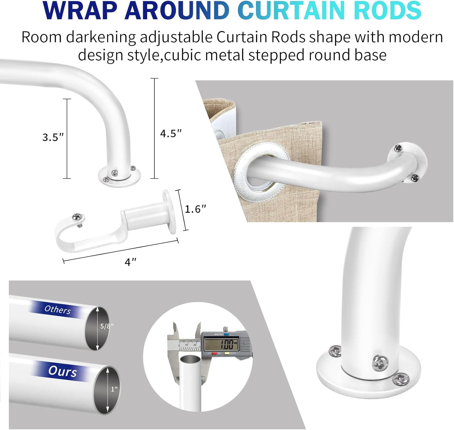 Energy Saving Wrap Around Black Out Return Adjustable Window Curtain Metal Rod Set, Glossy White