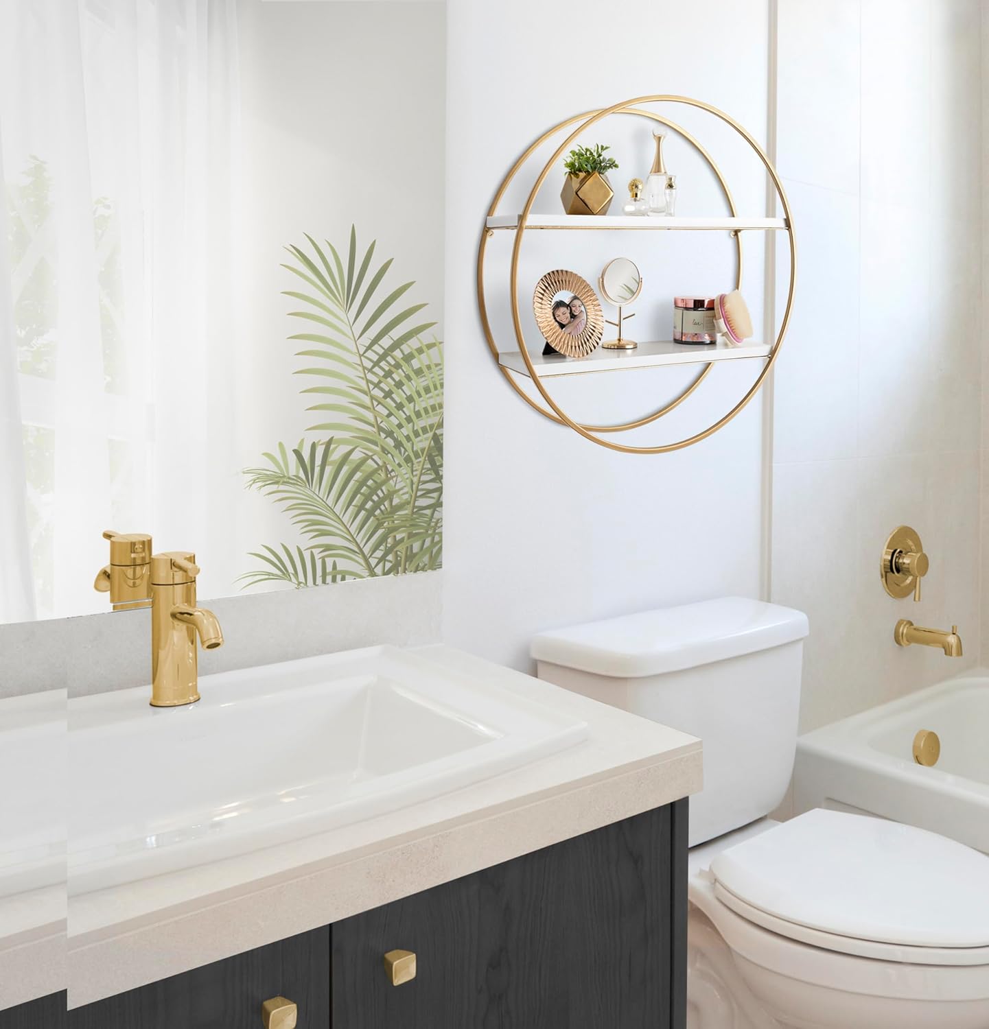 Sequoia Modern Round Wall Shelf, White and Gold, Contemporary Glam 2-Tier Floating Shelf Decor