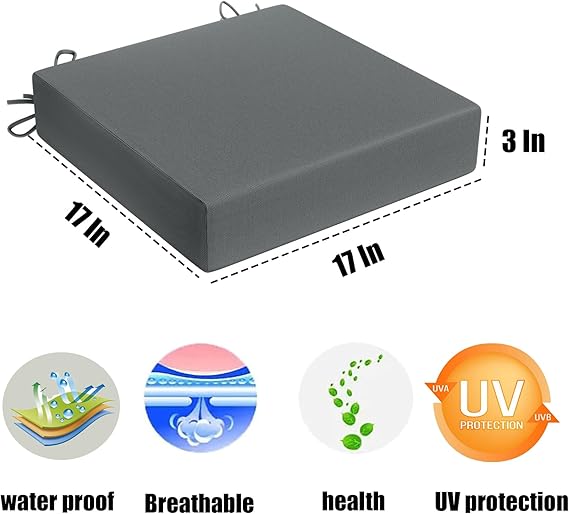 Chair Cushions Outdoor Chair Cushion Set of 4, High Density Sponge Filling Square Corner Seat Cushions, Waterproof Fade-Resistant, with Ties and Zipper, Gray