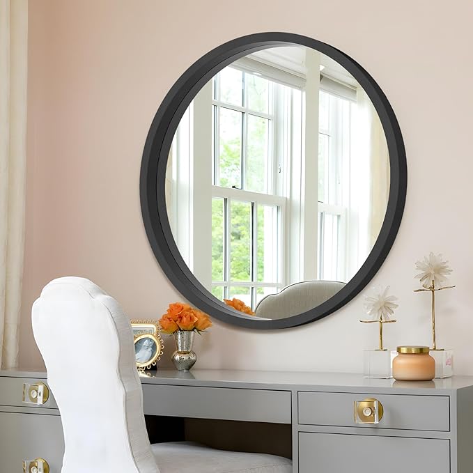 Black Round Wood Mirror with Wood Frame Circle Wall Mirror