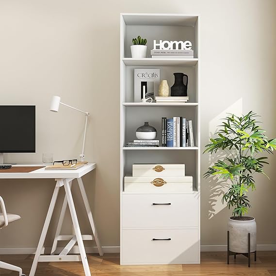 4 Shelf Bookcase with Drawers, Tall Bookshelves and Bookcases, Vertical Bookshelf Tower, Wood Storage Shelves, Modern Book Shelf for Bedroom, Living Room, Home Office