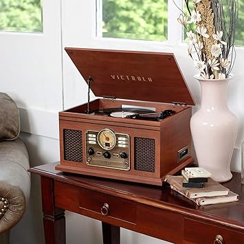 6-in-1 Bluetooth Record Player & Multimedia Center with Built-in Speakers - 3-Speed Turntable, CD & Cassette Player, FM Radio | Wireless Music Streaming | Mahogany