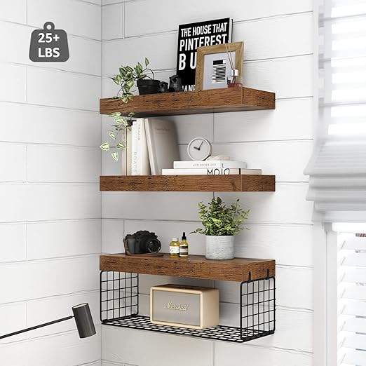 Bathroom Shelves Over Toilet Wall Mounted Floating Shelves Farmhouse Shelf Toilet Paper Storage Small Set of 3, Rustic Brown
