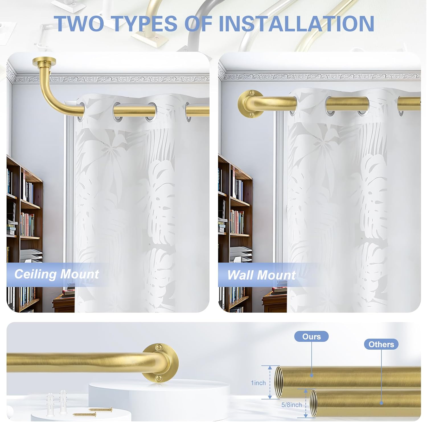 Gold Wrap Around Curtain Rods 2Pack, Brushed Gold