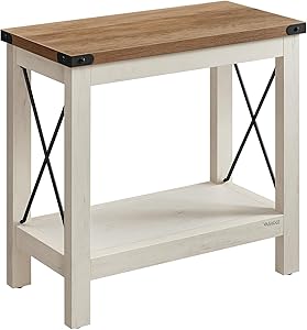 2-Tier End Table, Side Table with Bottom Shelf, Nightstand, Rustic White and Honey Brown