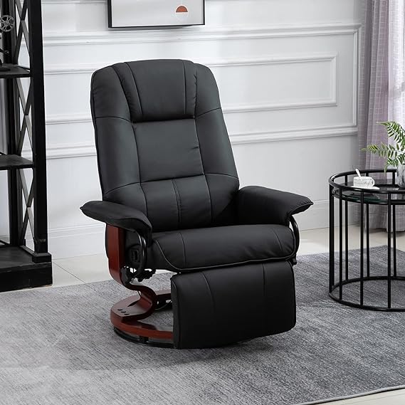 Faux Leather Manual Recliner, Adjustable Swivel Lounge Chair with Footrest, Armrest and Wrapped Wood Base for Living Room, Black