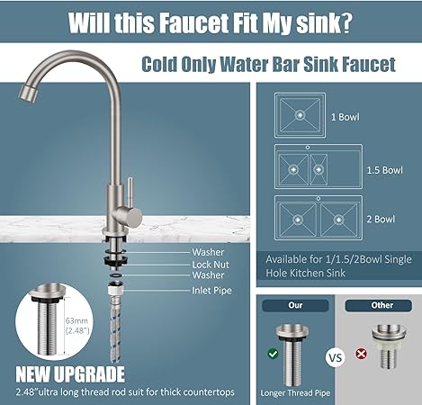 Cold Water Only Kitchen Faucet Brushed Nickel Sink Faucet Stainless Steel Faucet High Arc Single Handle