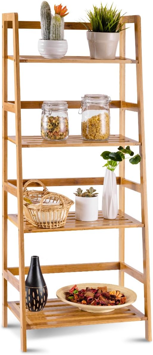 Bamboo Ladder Shelf, Multifunctional Plant Flower Display Stand, Storage Rack, Bookcase Bookshelf Natural (4 Tier)