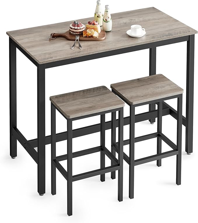 Bar Table Set, Bar Table with 2 Bar Stools, Dining table set, Kitchen Counter with Bar Chairs, Industrial for Kitchen, Living Room, Party Room, Greige and Black