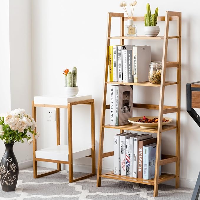 Bamboo Ladder Shelf, Multifunctional Plant Flower Display Stand, Storage Rack, Bookcase Bookshelf Natural (4 Tier)