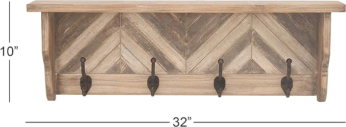 Wood 1 Shelf and 4 Hangers Wall Hook, Brown