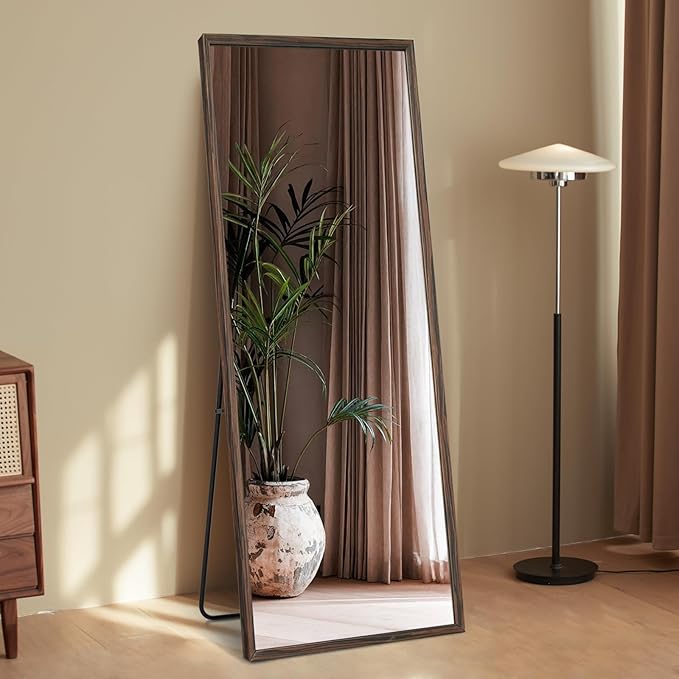 Wooden Full Length Mirror, Floor with Standing Holder Leaning/Hanging Wood Frame Large Wall-Mounted Brown Wood