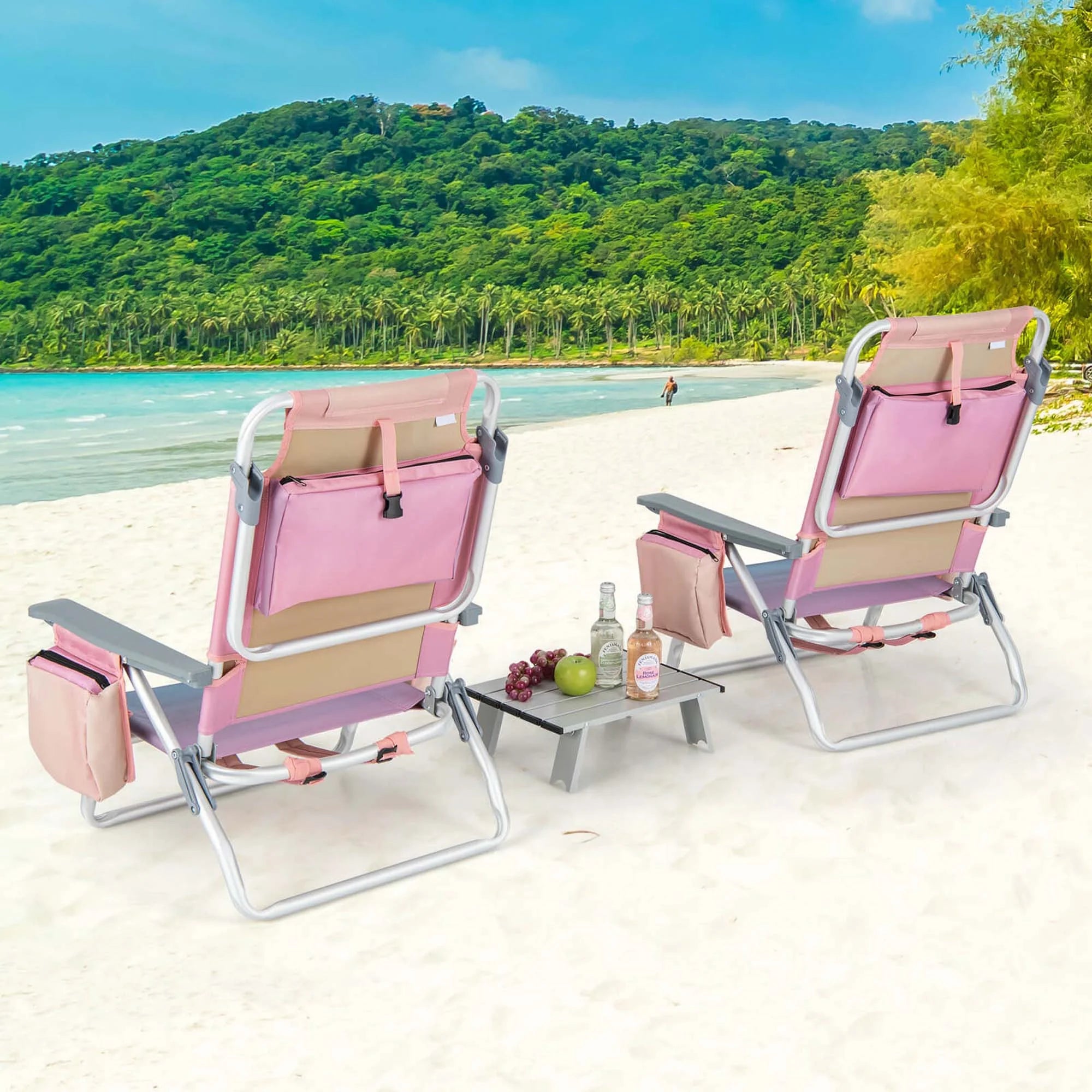 2-Pack Folding Backpack Beach Chair Table Set 5-Position Outdoor Reclining Chair Pink