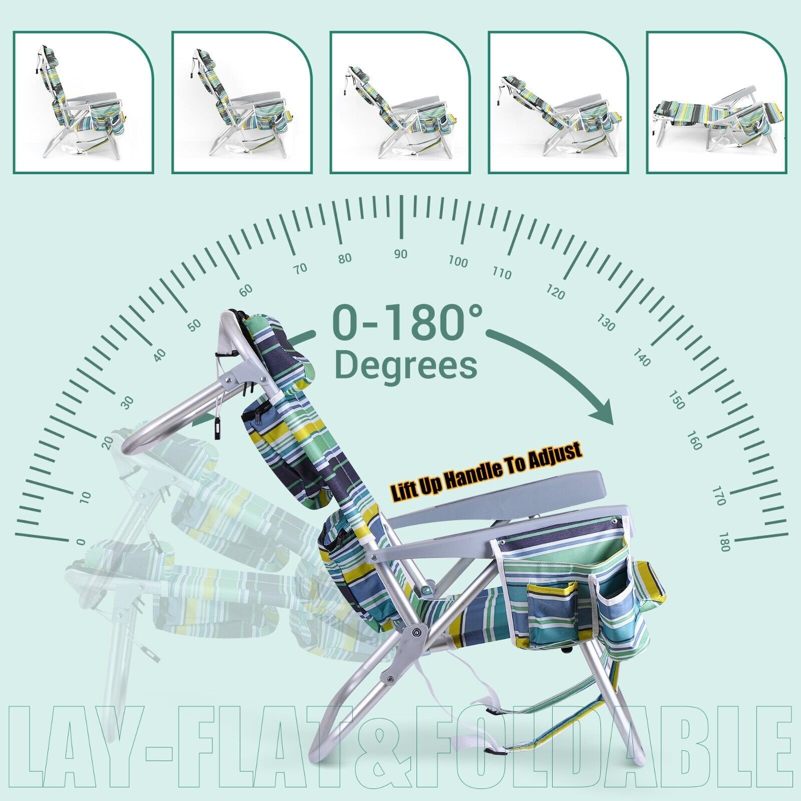 Beach Chair, Backpack Folding Chair with High Back Cooler Bag, 5-Position Reclining with Headrest, Armrest, Large Storage Pouch and Cup Holder (2-Pack Stripe)
