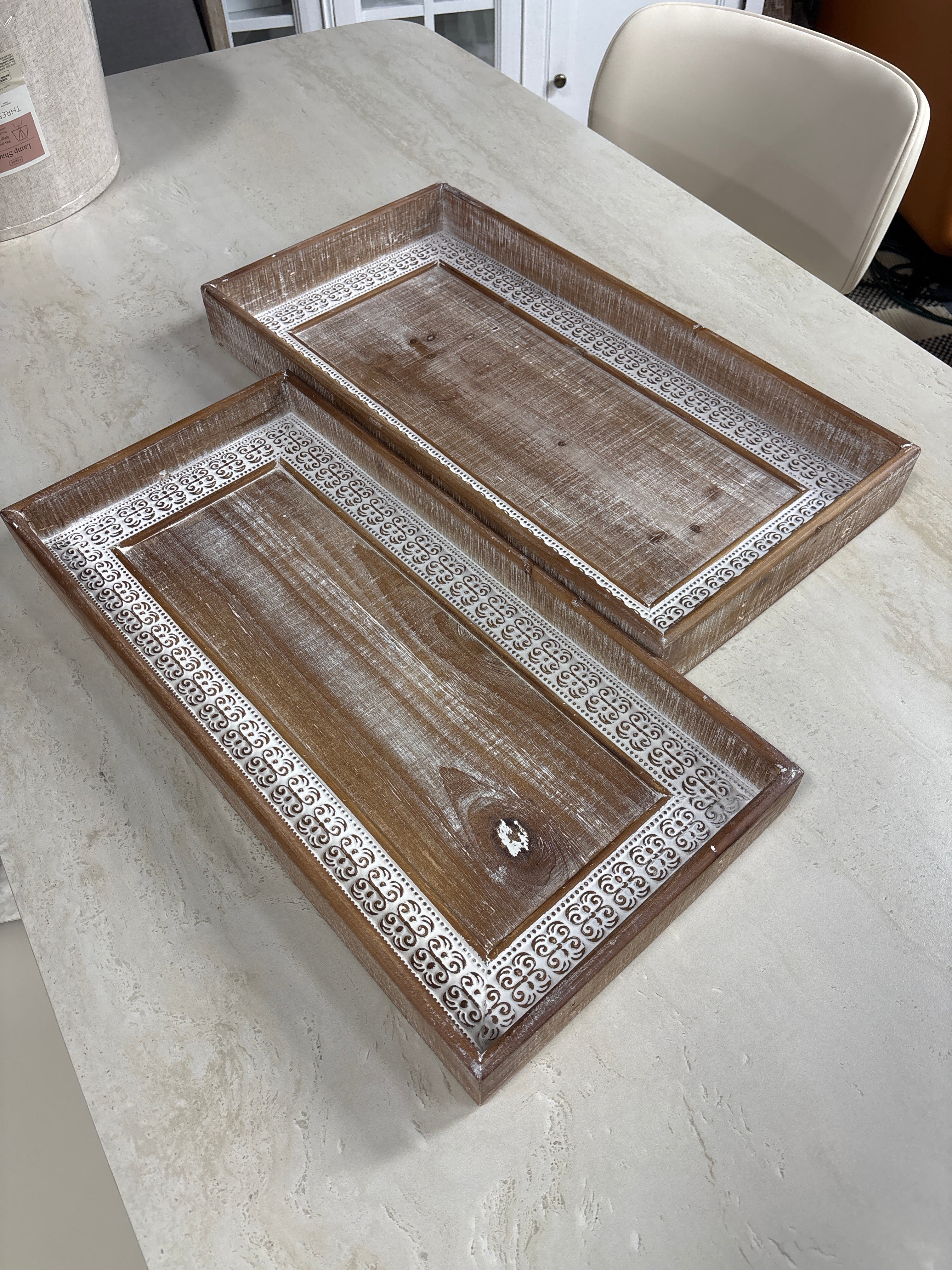 (Set of 2) Brown Wood Decorative Tray with White Wash SHOWROOM ITEM