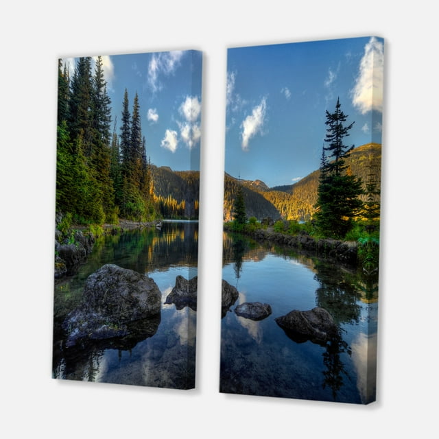 "Mountain Lake Surrounded by Trees" Landscape Canvas Wall Art Print 2 Piece Set