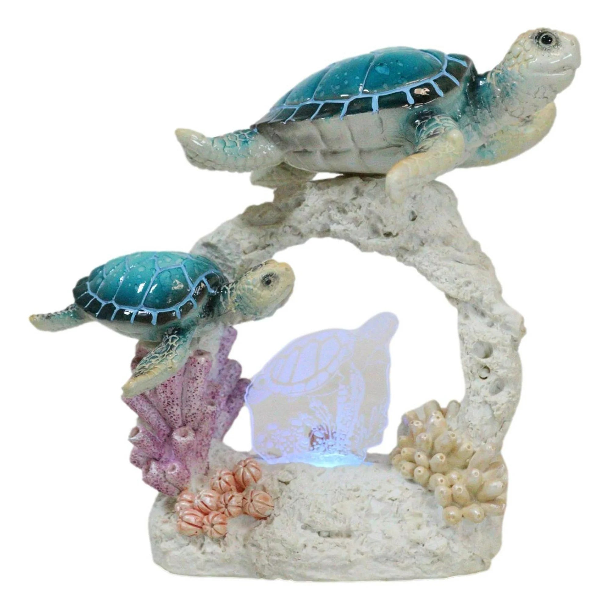 Sea Turtle Mother And Hatchling Family By Coral Reef With 3D LED Light Figurine