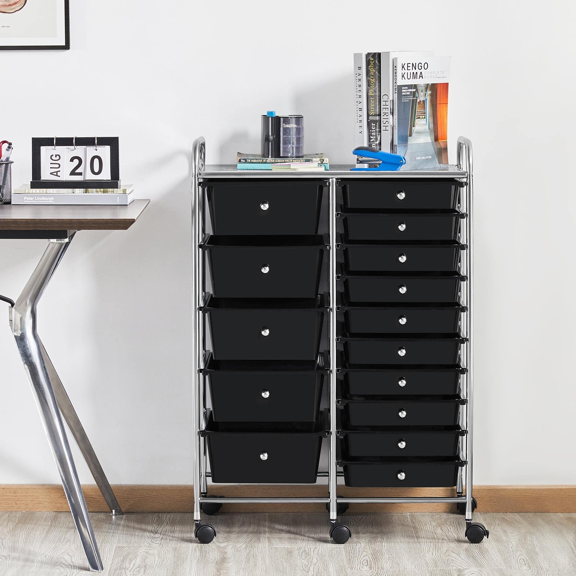 15 Drawers Rolling Storage Cart Multipurpose Mobile Rolling Utility Storage Organizer Cart Tools Scrapbook Paper Organizer on Wheels, Black