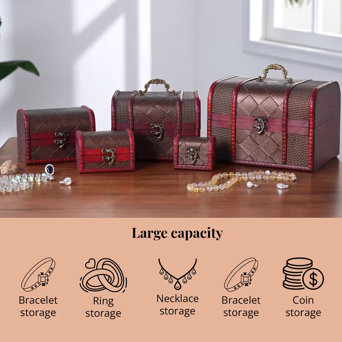 Set of 5 Diamond Embossed MDF and Faux Leather Exquisite Exquisit Jewelry Chest Box