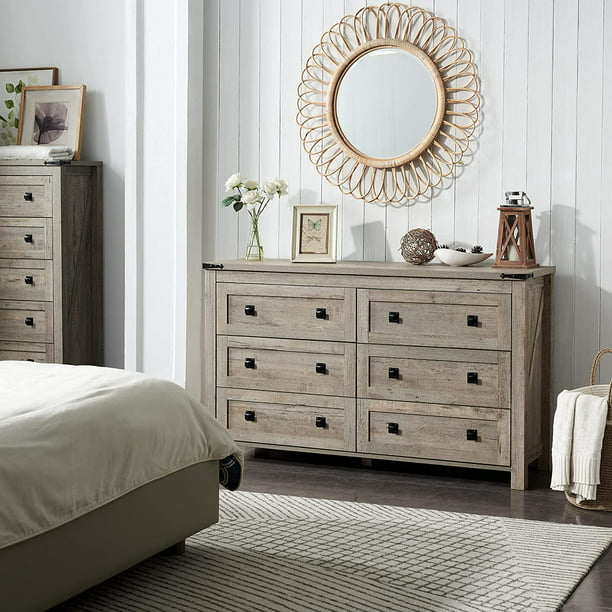 6 Drawers Dresser Chests for Bedroom Farmhouse, Wood Rustic Tall Chset of Drawers, Light Rustic Oak