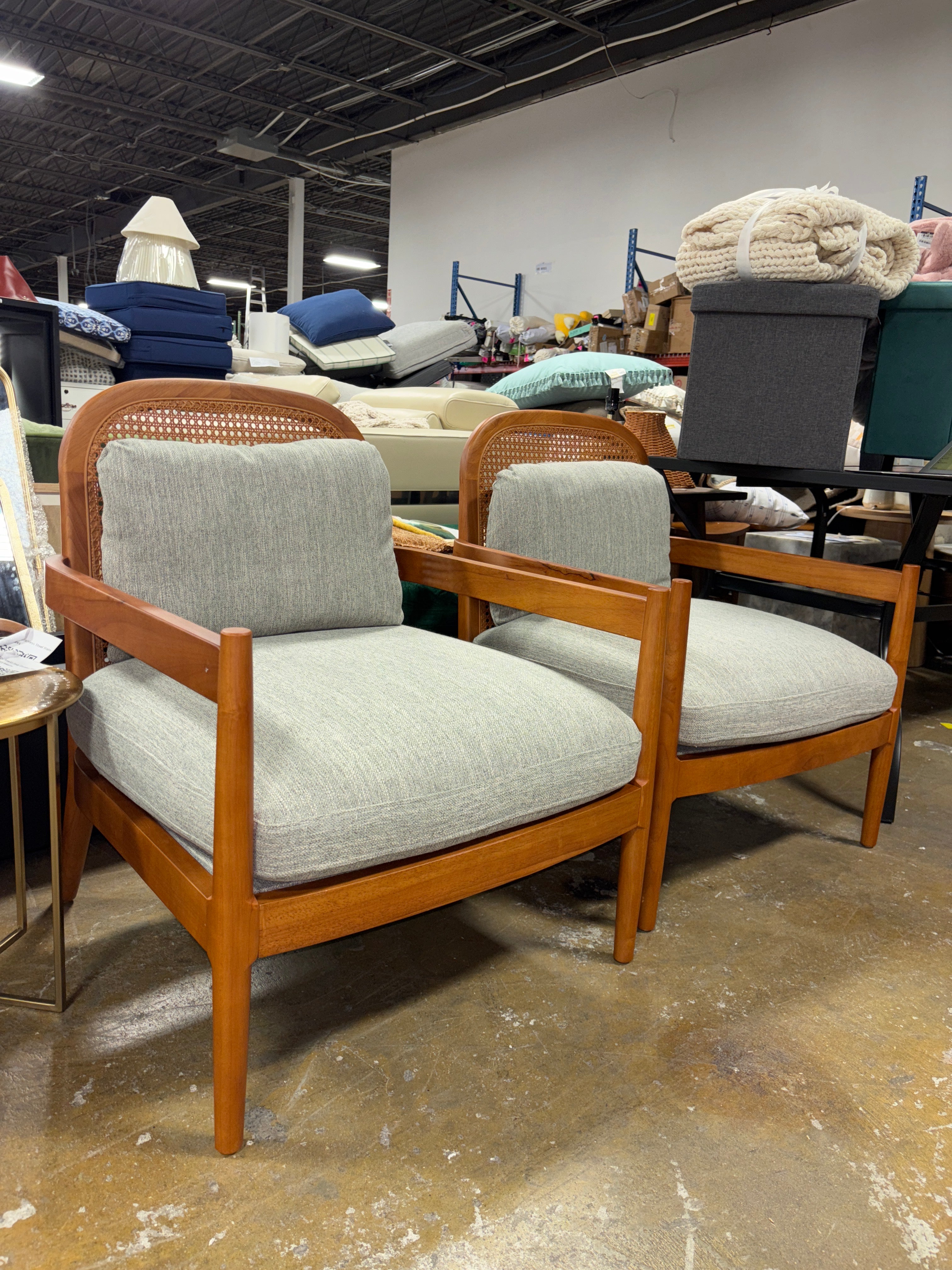 (Set of 2) Zuka Mid-Century cbModern Rattan Wooden Chair with Cushions - Walnut/Grayish Green  SHOWROOM ITEM