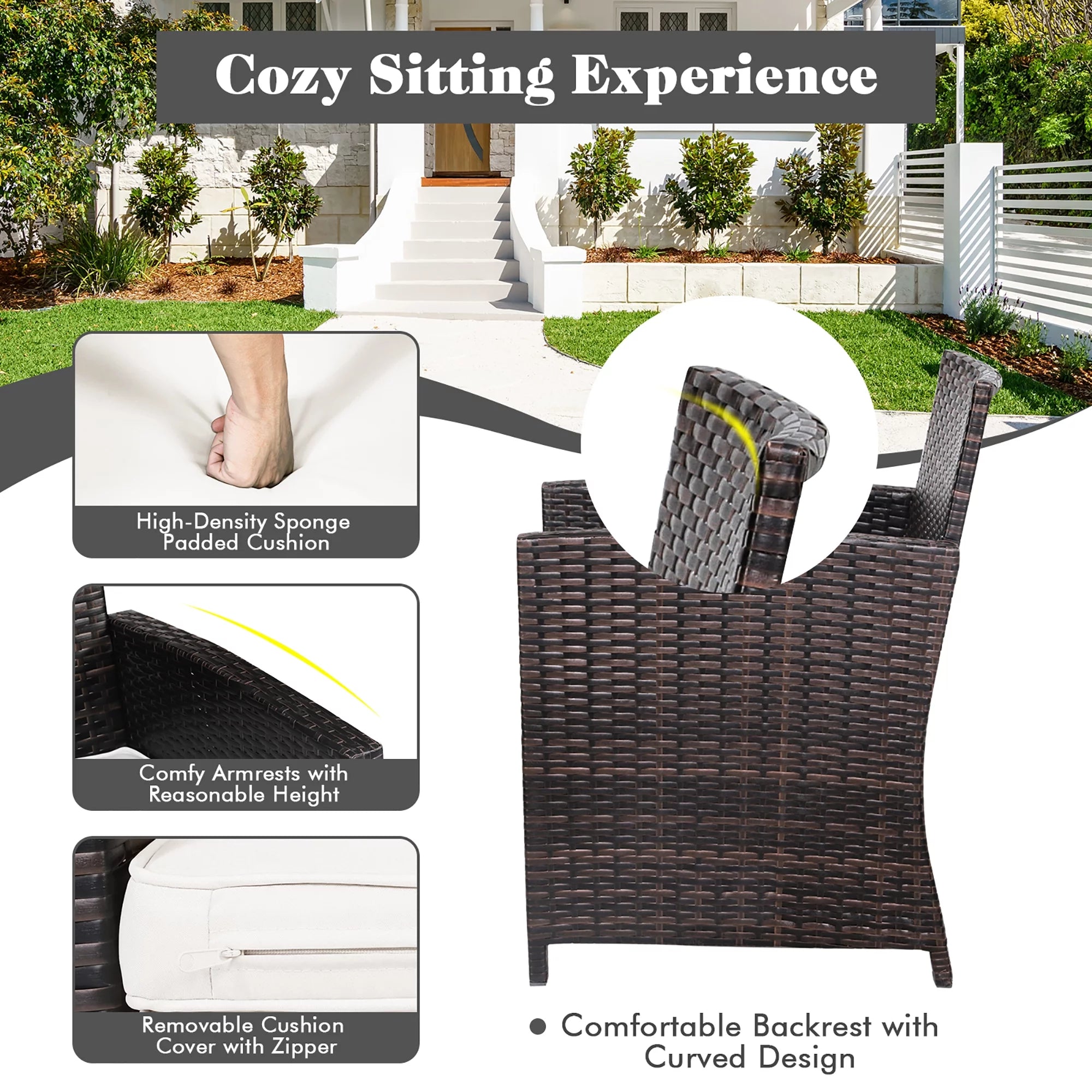 3-Piece Patio Wicker Furniture Set Storage Table with Protect Cover Cushioned in Off White
