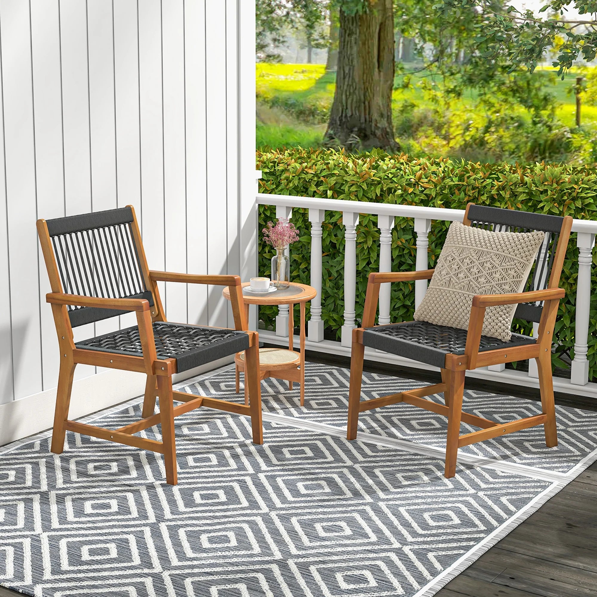 Patio 2-Pieces Acacia Wood Outdoor Dining Chairs All-Weather Rope Woven Armchairs